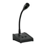 Ahuja ACM-88 Paging Microphone, featuring a flexible gooseneck with a microphone head and a square base with two control switches labelled LOCK and PUSH for talk.