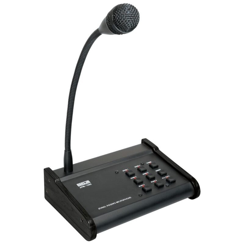 Front view of Ahuja APM-106Z Zonal Paging Microphone Console, featuring a black base with a flexible gooseneck microphone, and buttons for 6 zone selection, ALL CALL, reset and chime.
