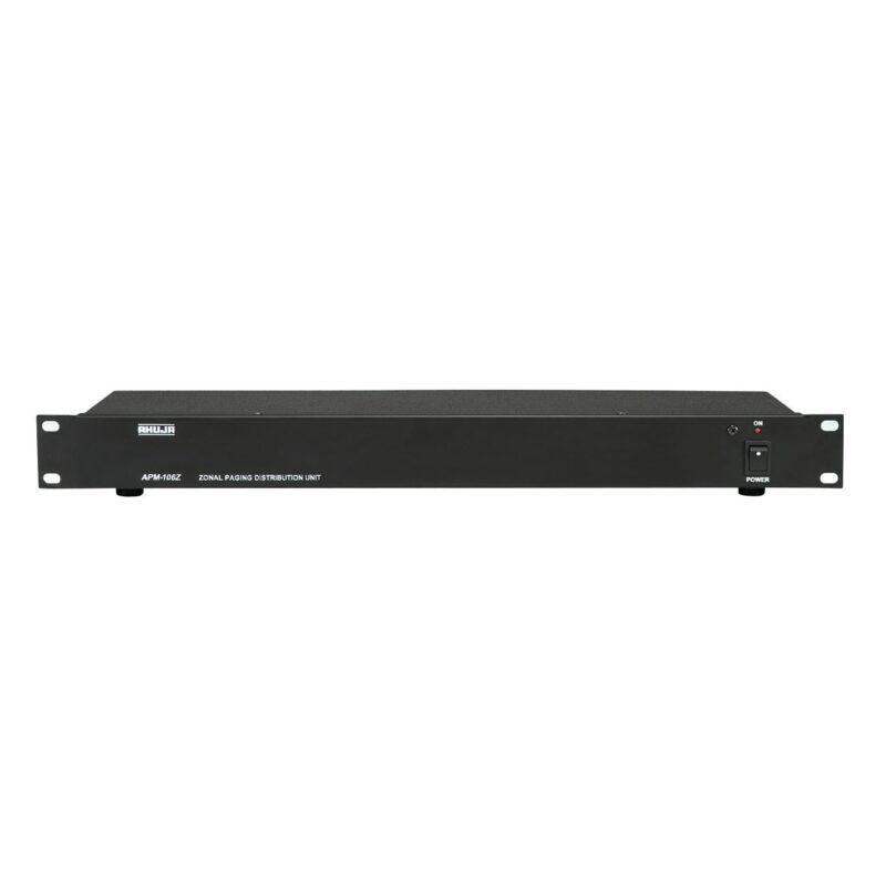 Front view of Ahuja APM-106Z Zonal Paging Distribution Unit with power indicator LED, and power switch.