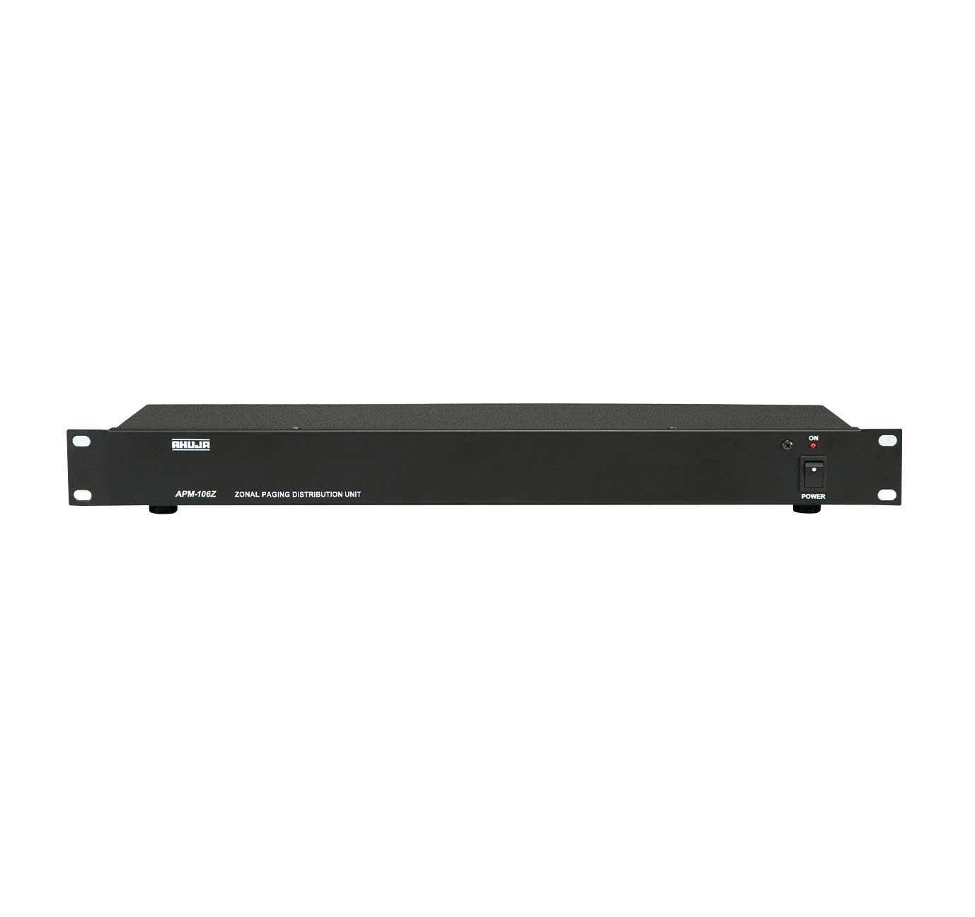Front view of Ahuja APM-106Z Zonal Paging Distribution Unit with power indicator LED, and power switch.