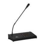 Ahuja APM-201RM Remote Paging Microphone console with a flexible gooseneck mic, and 12 zone selection buttons.