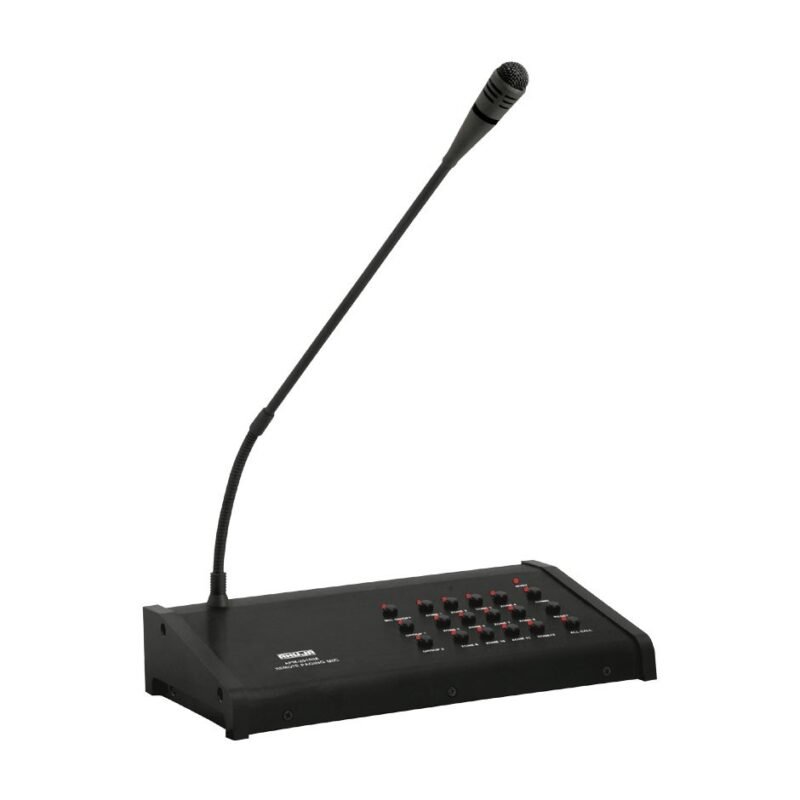 Ahuja APM-201RM Remote Paging Microphone console with a flexible gooseneck mic, and 12 zone selection buttons.