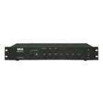 Front view of Ahuja APM-202CU Control Unit, a black rack-mountable device with a microphone input, volume knob, 6 zone selector buttons, all-call button, reset, music/call, chime button and indicator LED with Power switch.