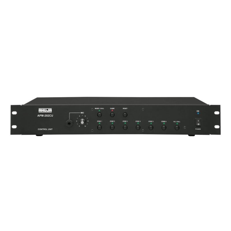 Front view of Ahuja APM-202CU Control Unit, a black rack-mountable device with a microphone input, volume knob, 6 zone selector buttons, all-call button, reset, music/call, chime button and indicator LED with Power switch.