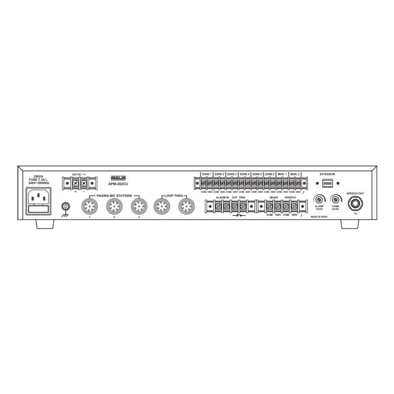 Rear panel of the Ahuja APM-202CU Control Unit, showing terminal blocks for speaker zones, paging mic station inputs, audio inputs, alarm input, and power connections.