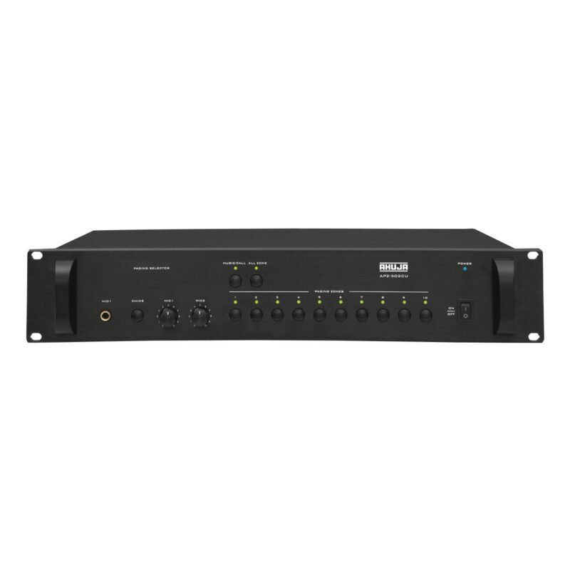 Front view of Ahuja APZ-502CU Paging Selector with zone buttons and volume controls
