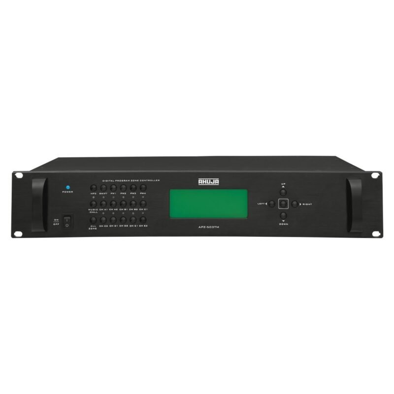 Front view of Ahuja APZ-503TM Digital Program Zone Controller, a black rack-mountable unit with a green LCD display and control buttons