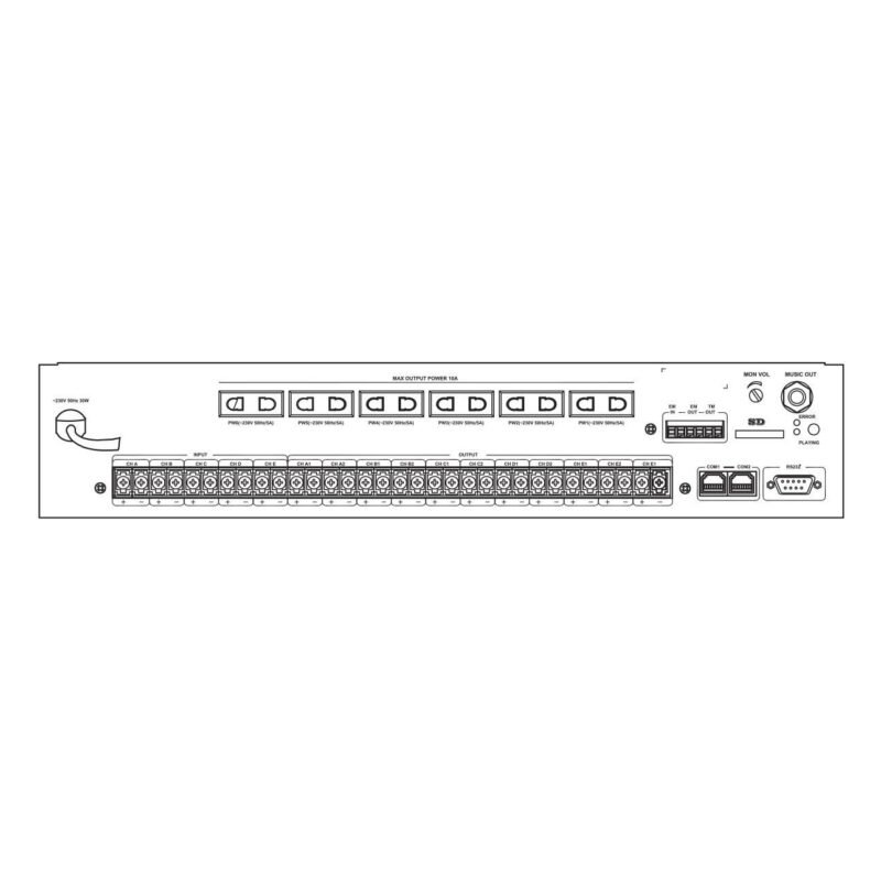 Rear view of Ahuja APZ-503TM Timer, showing multiple terminal blocks for audio inputs and outputs, RJ45 communication port, and power connection.
