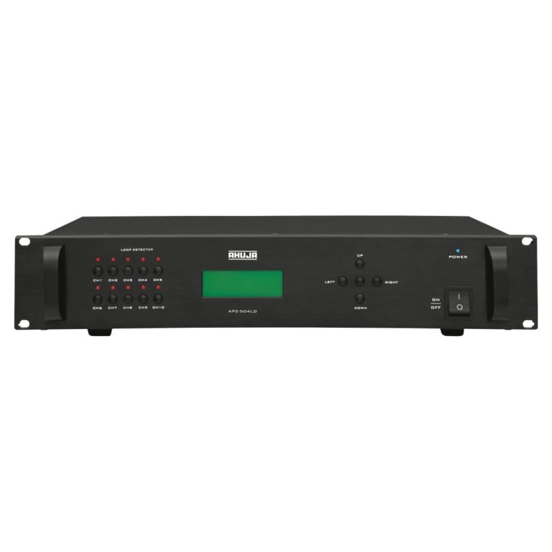 Front view of the Ahuja APZ-504LD Speaker Loop Detector, a black rack-mountable unit with red LED indicators for 10 speaker channels and power switch.
