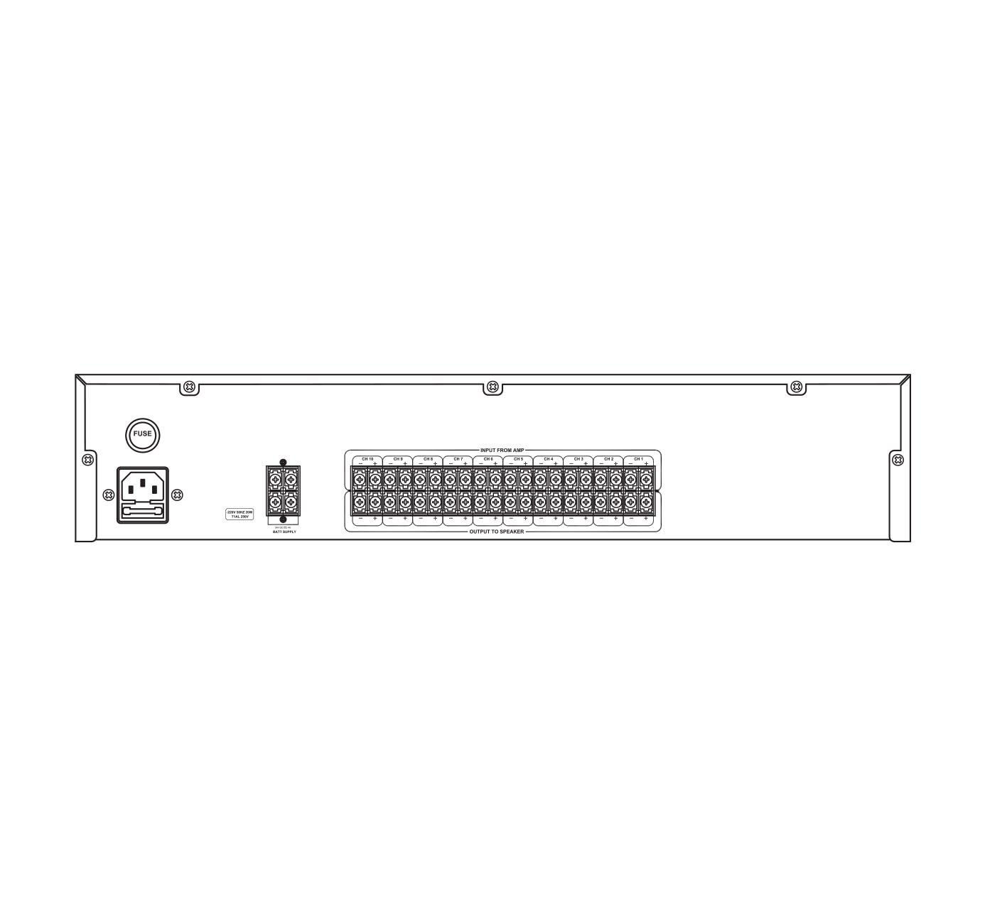 back view of the Ahuja APZ-504LD Speaker Loop Detector, showing terminal blocks for 10 speaker line inputs and outputs, fuse, and power connector.