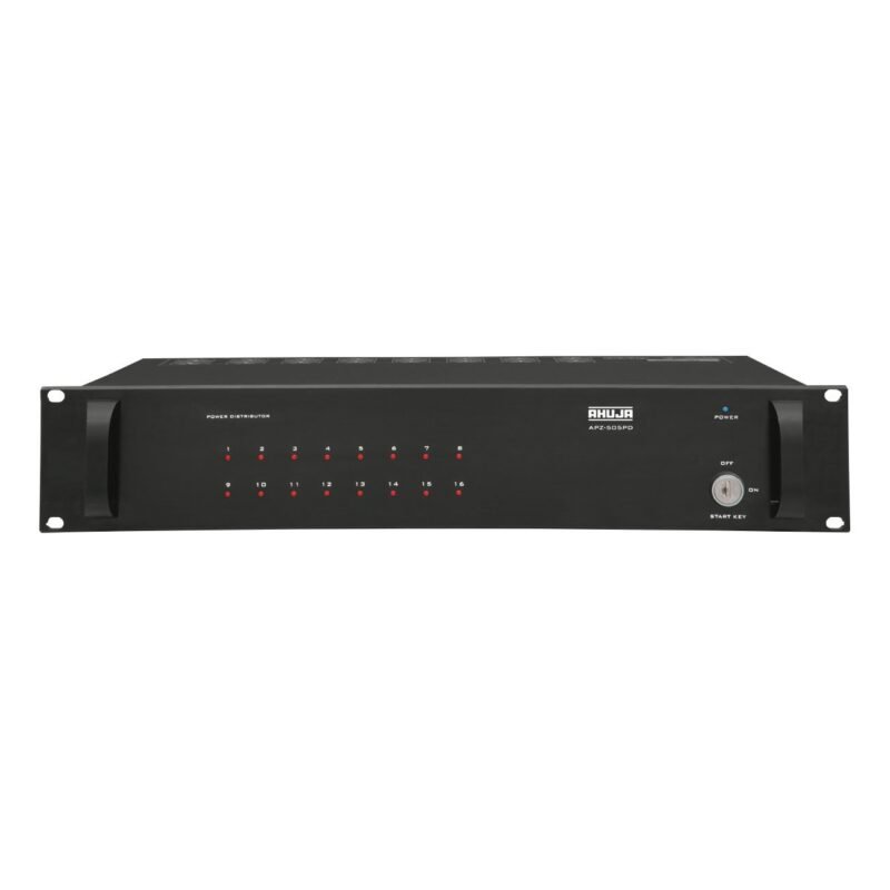 Front panel of Ahuja APZ-505PD showing 16 power indicators and key switch