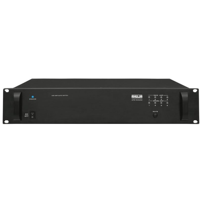 Front view of Ahuja APZ-506AC Automatic Changeover Unit with a power switch, blue power LED, and indicator LEDs for main and spare amplifiers and a mute button