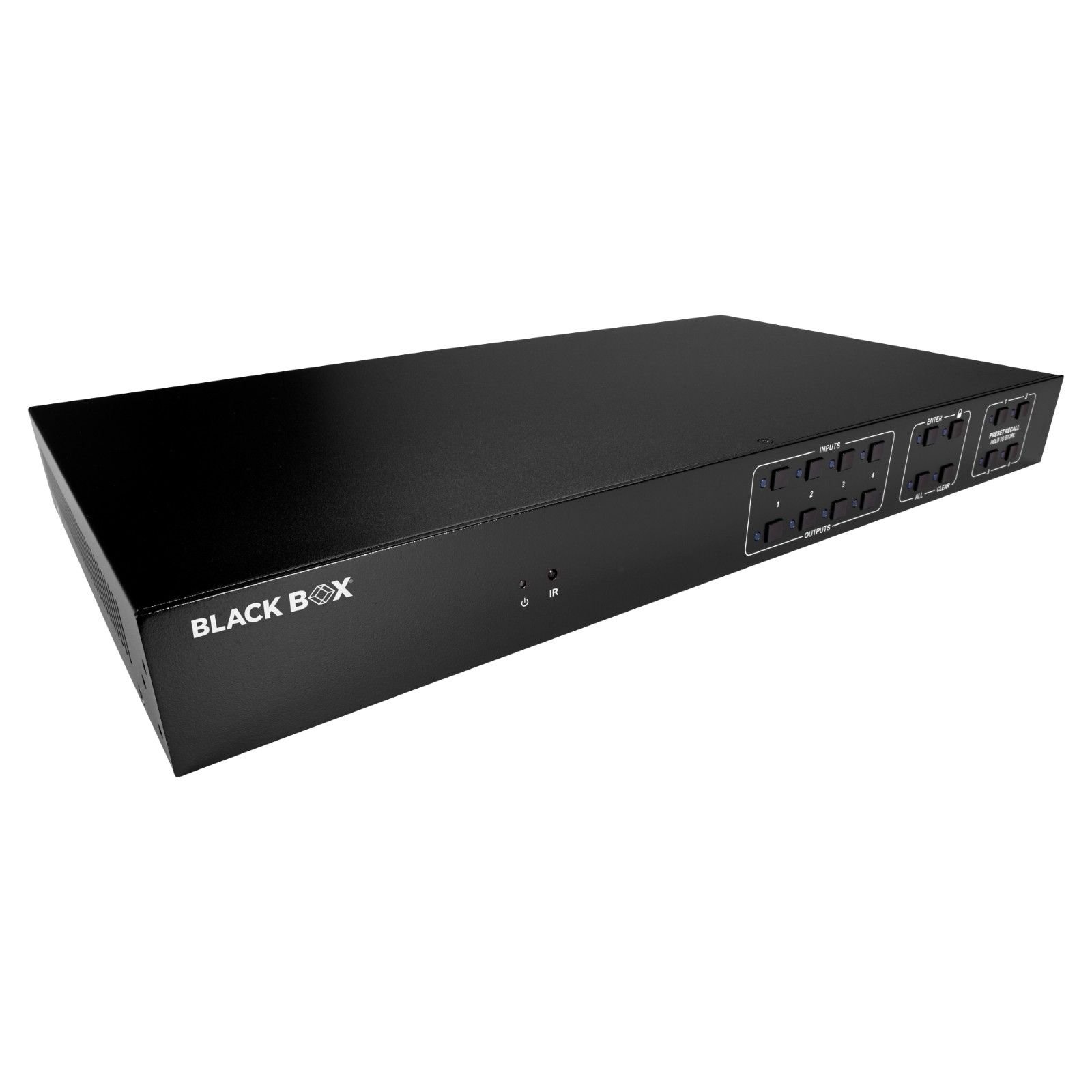 Black Box AVS-HDMI2-4X4-R2 HDMI matrix switch with 4x4 input-output configuration, 4K video support, EDID management, and SPDIF audio ports, ideal for professional AV applications.