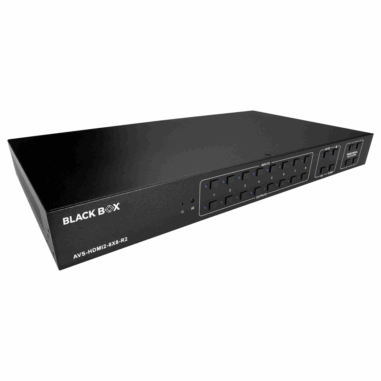 Black Box AVS-HDMI2-8X8-R2 4K HDMI Matrix Switcher with front panel buttons, LCD display, and multiple HDMI and SPDIF ports for professional AV setups.