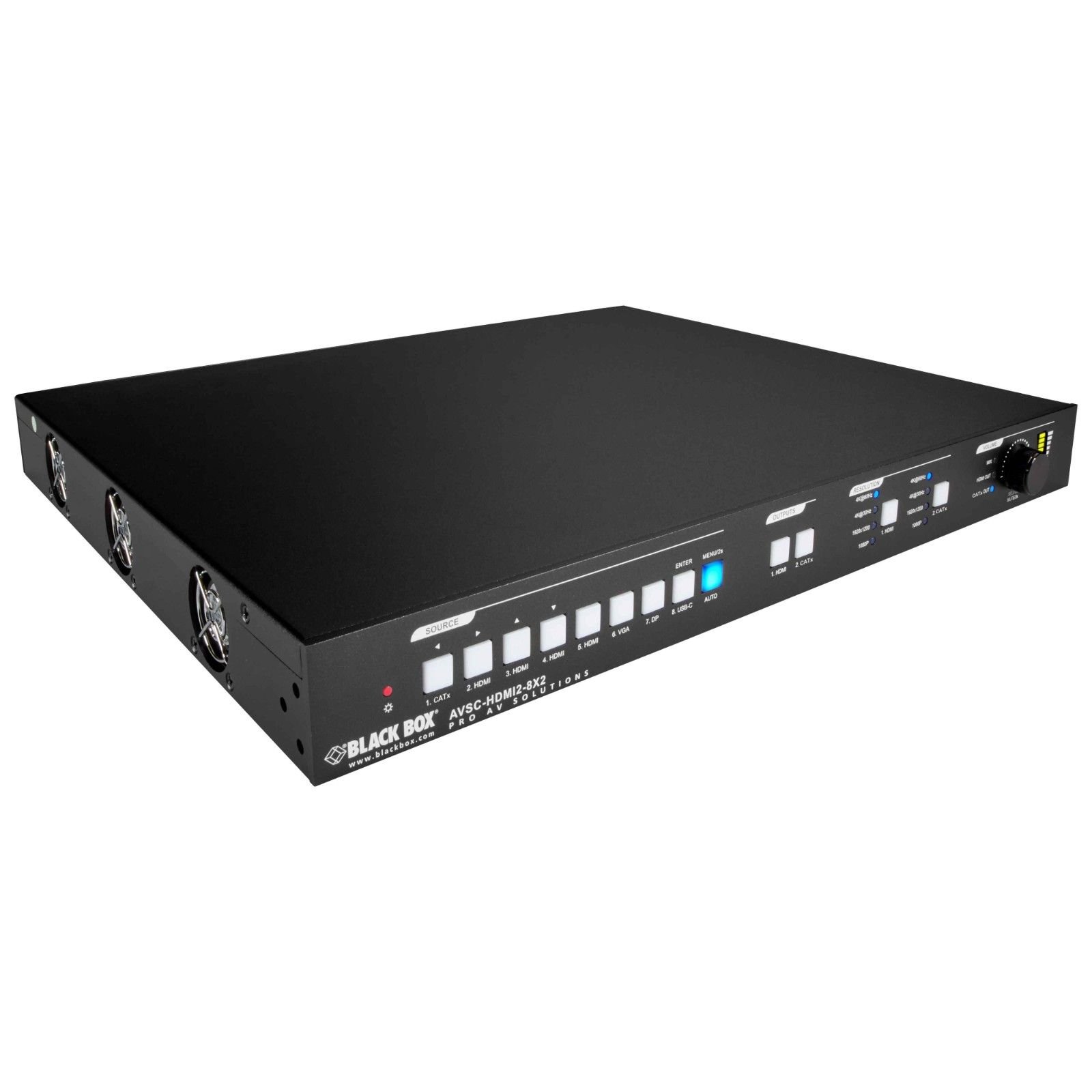 Black Box AVSC-HDMI2-8X2 8x2 HDMI video matrix switcher with multiple input and output options, supporting 4K resolution, PoC technology, and advanced AV system integration for meeting rooms, classrooms, and presentation spaces.