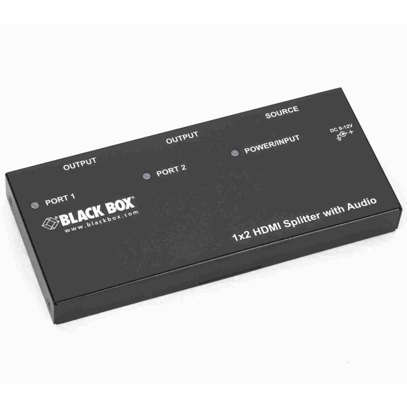 Black Box AVSP-HDMI1X2 HDMI splitter with audio, showcasing input/output ports and user-friendly design, ideal for high-definition AV distribution.