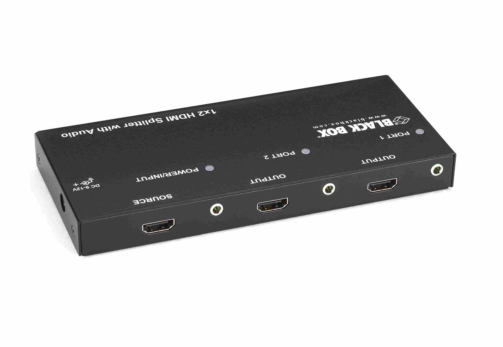 Black Box AVSP-HDMI1X2 HDMI splitter with audio, showcasing input/output ports and user-friendly design, ideal for high-definition AV distribution.