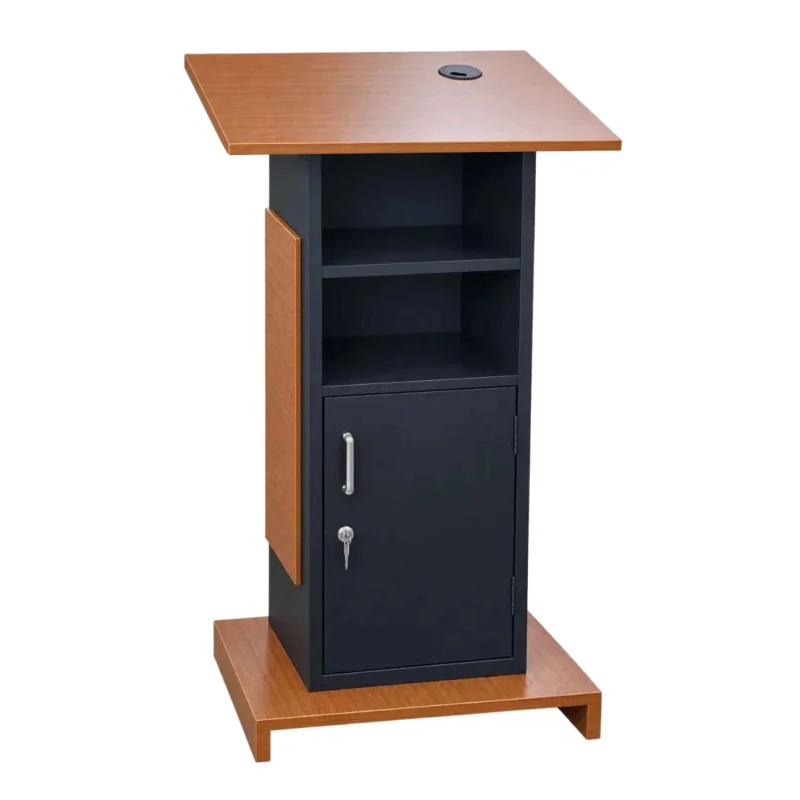 Back View of Wooden Podium Stand (SP-587) with 2 open shelves and 1 lockable shelf