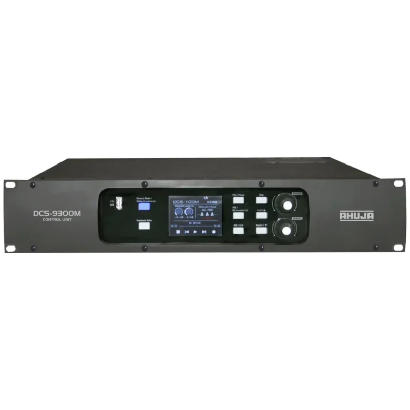 AHUJA DCS-9300M Digital Conference Control Unit, rack-mountable, front panel showing LCD screen, control knobs, function buttons, and USB port.
