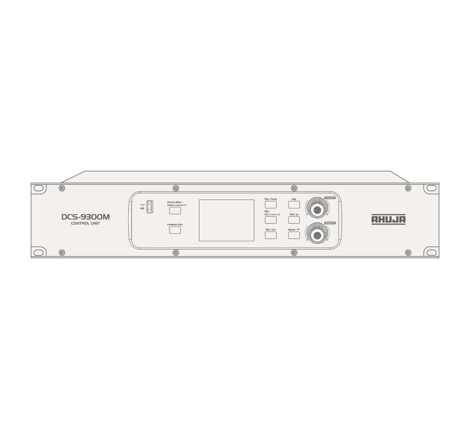 AHUJA DCS-9300M Digital Conference Control Unit, rack-mountable, front panel showing LCD screen, control knobs, function buttons, and USB port.