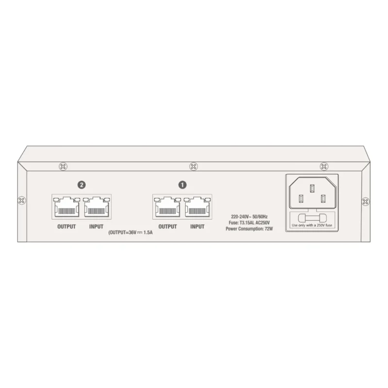 AHUJA DCS-9400E Expansion Unit rear panel. Shows input and output RJ-45 ports for conference unit daisy chain connections.