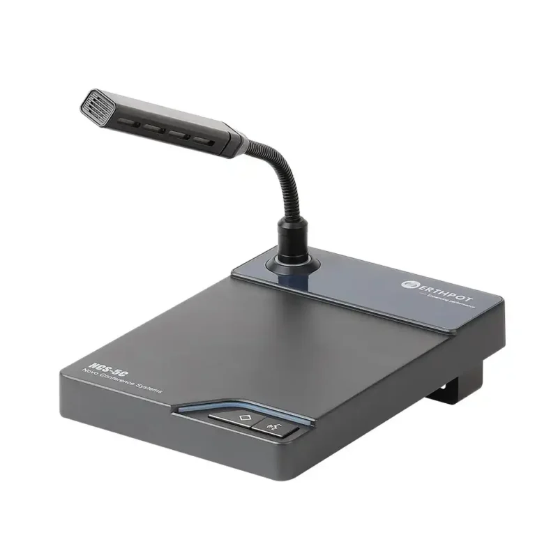 Profile view of the Erthpot NCS-5C showing the ergonomic 218mm shotgun-style gooseneck microphone and the low-profile weighted base constructed from die-cast aluminum alloy for stable desktop placement in conference rooms.