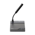 Front view of the Erthpot NCS-5C Chairman Unit featuring a professional charcoal metallic finish, integrated gooseneck microphone with a high-visibility LED status ring, and dual-button interface including the dedicated Priority Override and Talk/Mute controls.