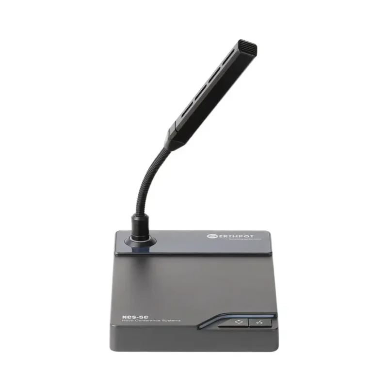 Front view of the Erthpot NCS-5C Chairman Unit featuring a professional charcoal metallic finish, integrated gooseneck microphone with a high-visibility LED status ring, and dual-button interface including the dedicated Priority Override and Talk/Mute controls.