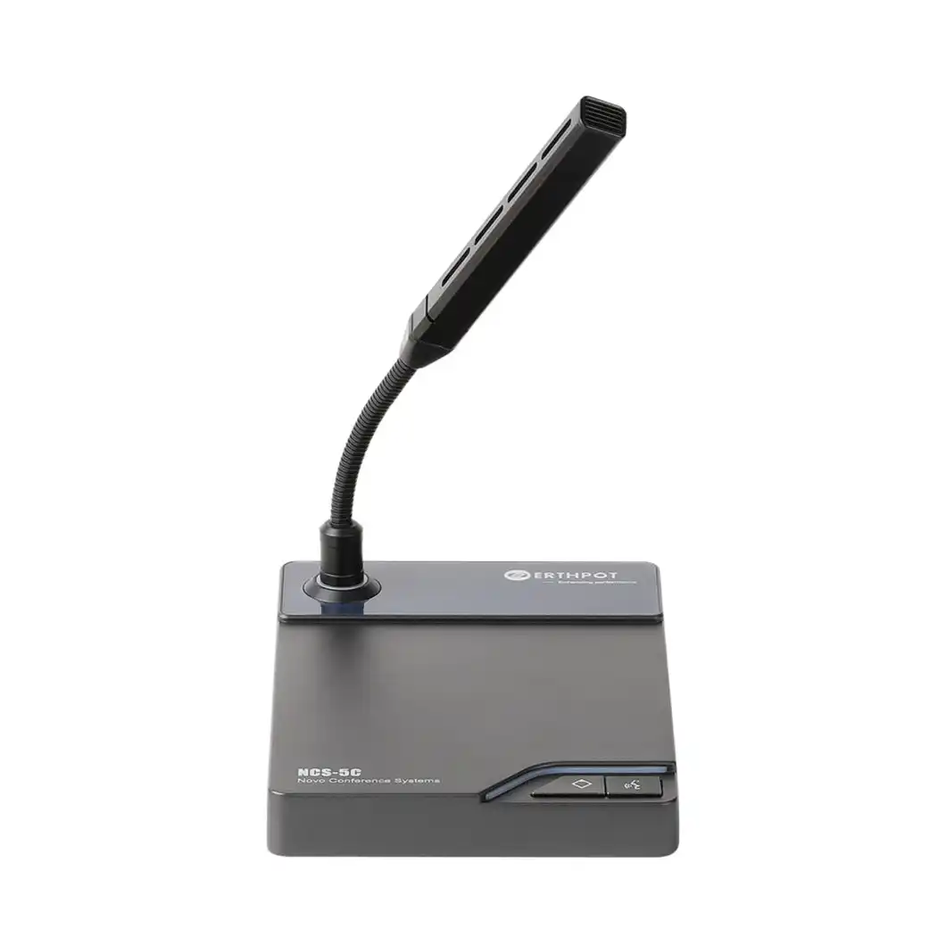 Front view of the Erthpot NCS-5C Chairman Unit featuring a professional charcoal metallic finish, integrated gooseneck microphone with a high-visibility LED status ring, and dual-button interface including the dedicated Priority Override and Talk/Mute controls.