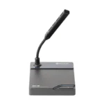 Front view of the Erthpot NCS-5D Delegate Unit featuring a high-sensitivity shotgun microphone, cardioid capsule, and a professional aluminum alloy die-cast base with an integrated talkmute button