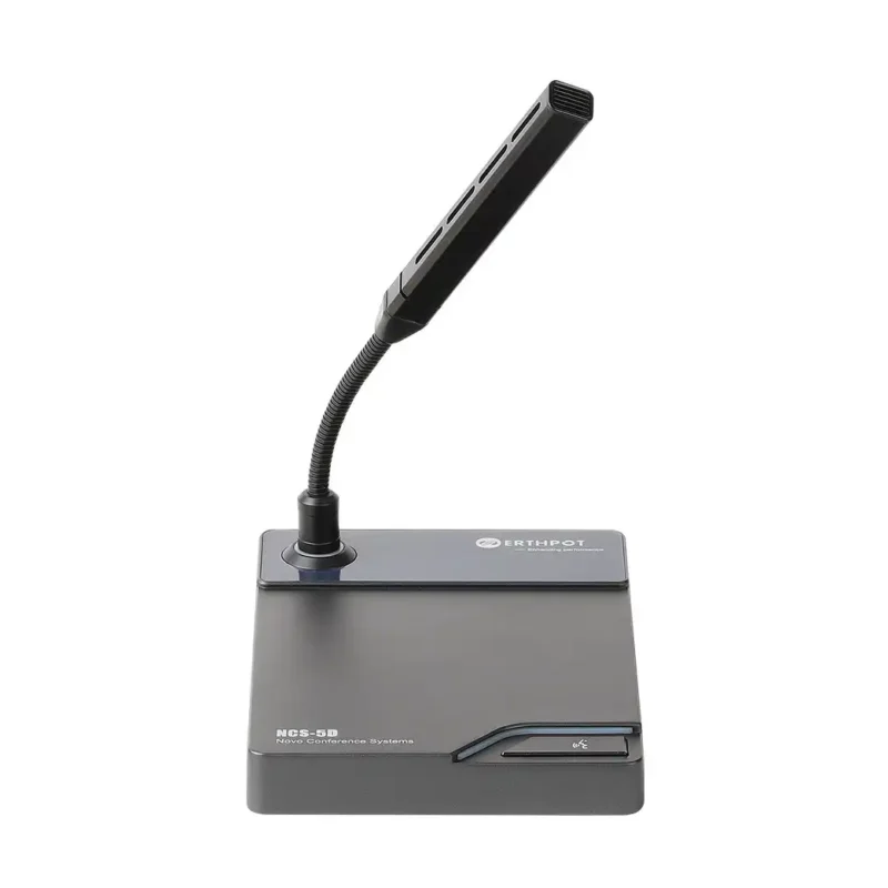 Front view of the Erthpot NCS-5D Delegate Unit featuring a high-sensitivity shotgun microphone, cardioid capsule, and a professional aluminum alloy die-cast base with an integrated talkmute button