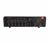 Front view of JBL Libra 300 Mixer Amplifier featuring control knobs, mutliple input, usb ports, buttons and sleek industrial design