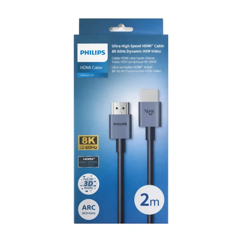 Philips SWV9431C-VOV 2 M HDMI 2.1 Cable with 8K Ultra HD at 60 Hz, 48 Gbps bandwidth, Dynamic HDR, and Audio Return Channel (ARC)