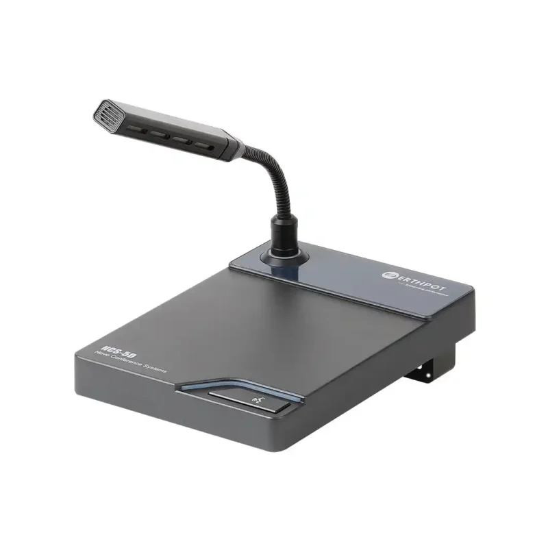 Profile view of the Erthpot NCS-5D delegate unit highlighting the flexible shotgun-style gooseneck height of 218mm and the stable, weighted die-cast metal base designed for permanent boardroom installations.