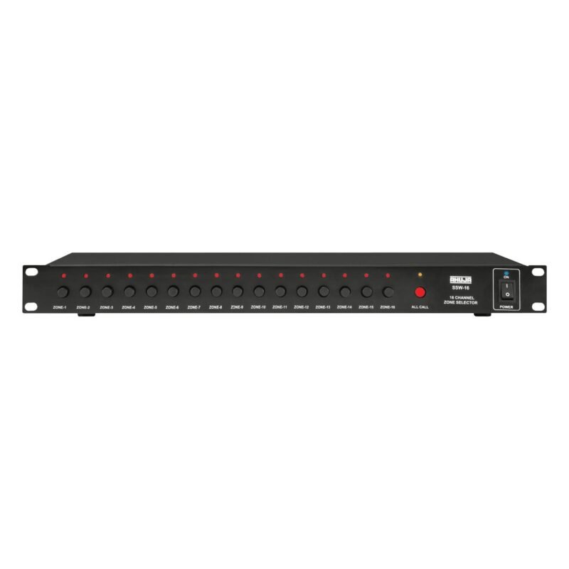 Front view of Ahuja SSW-16, a 16-channel manual zone selector with individual zone buttons, red LED indicators, power switch & ALL CALL button.