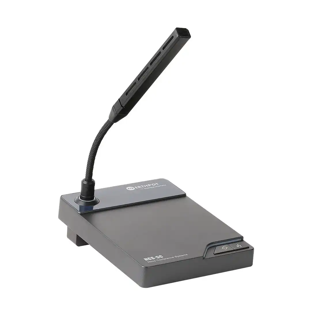 Profile view of the Erthpot NCS-5C showing the ergonomic 218mm shotgun-style gooseneck microphone and the low-profile weighted base constructed from die-cast aluminum alloy for stable desktop placement in conference rooms.