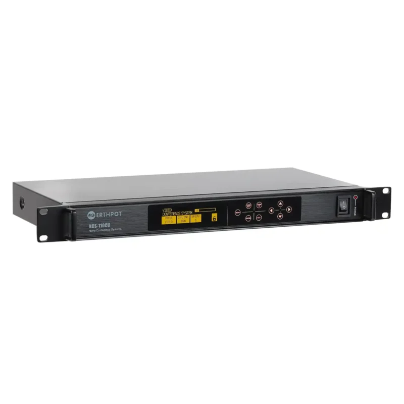 Side profile of the Erthpot NCS110-CU conference controller highlighting the 206mm chassis depth, integrated cooling ventilation slots, and robust pressed steel industrial construction for enterprise AV racks.