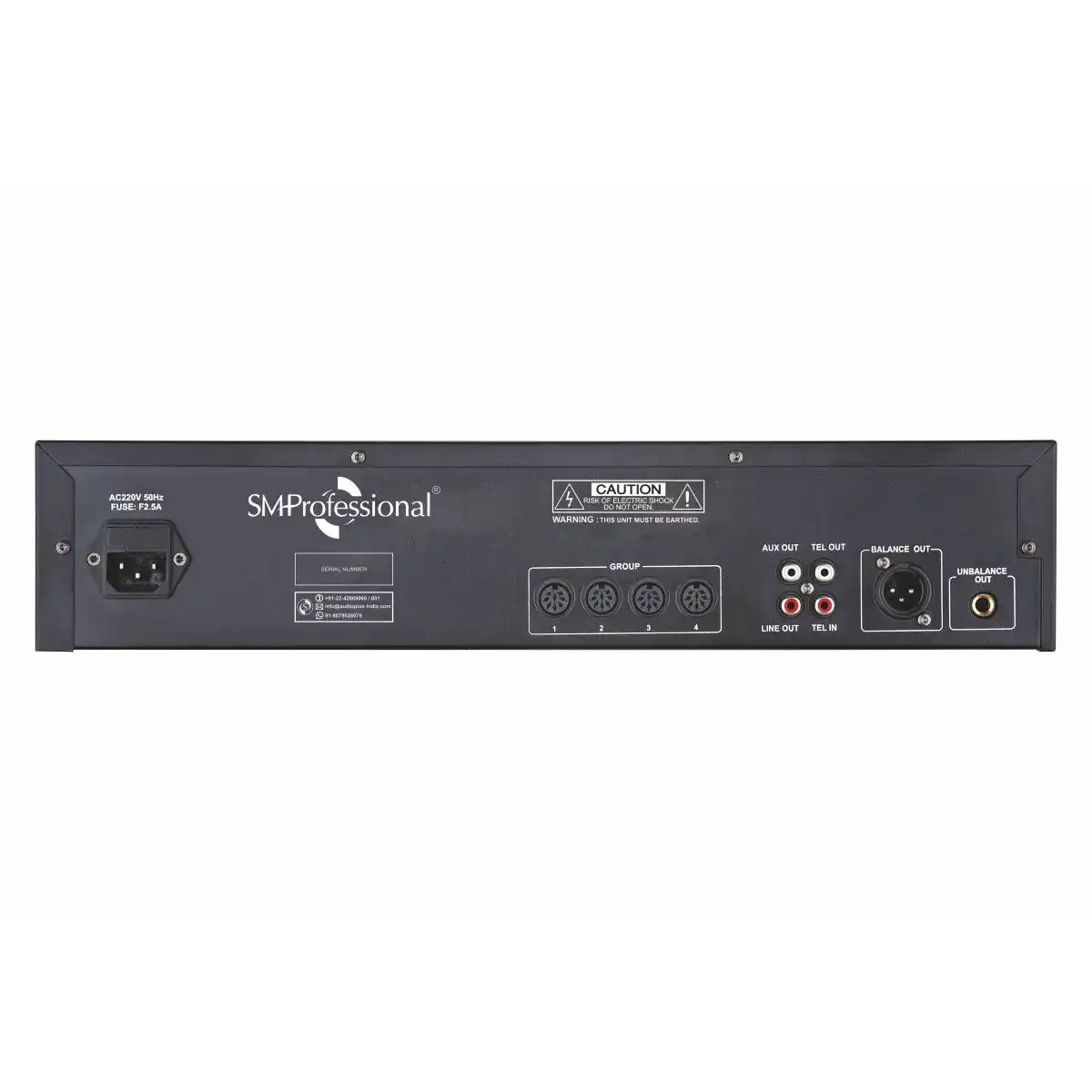 Studiomaster Vāk 10.s 19-inch rack mount digital conference controller back view.