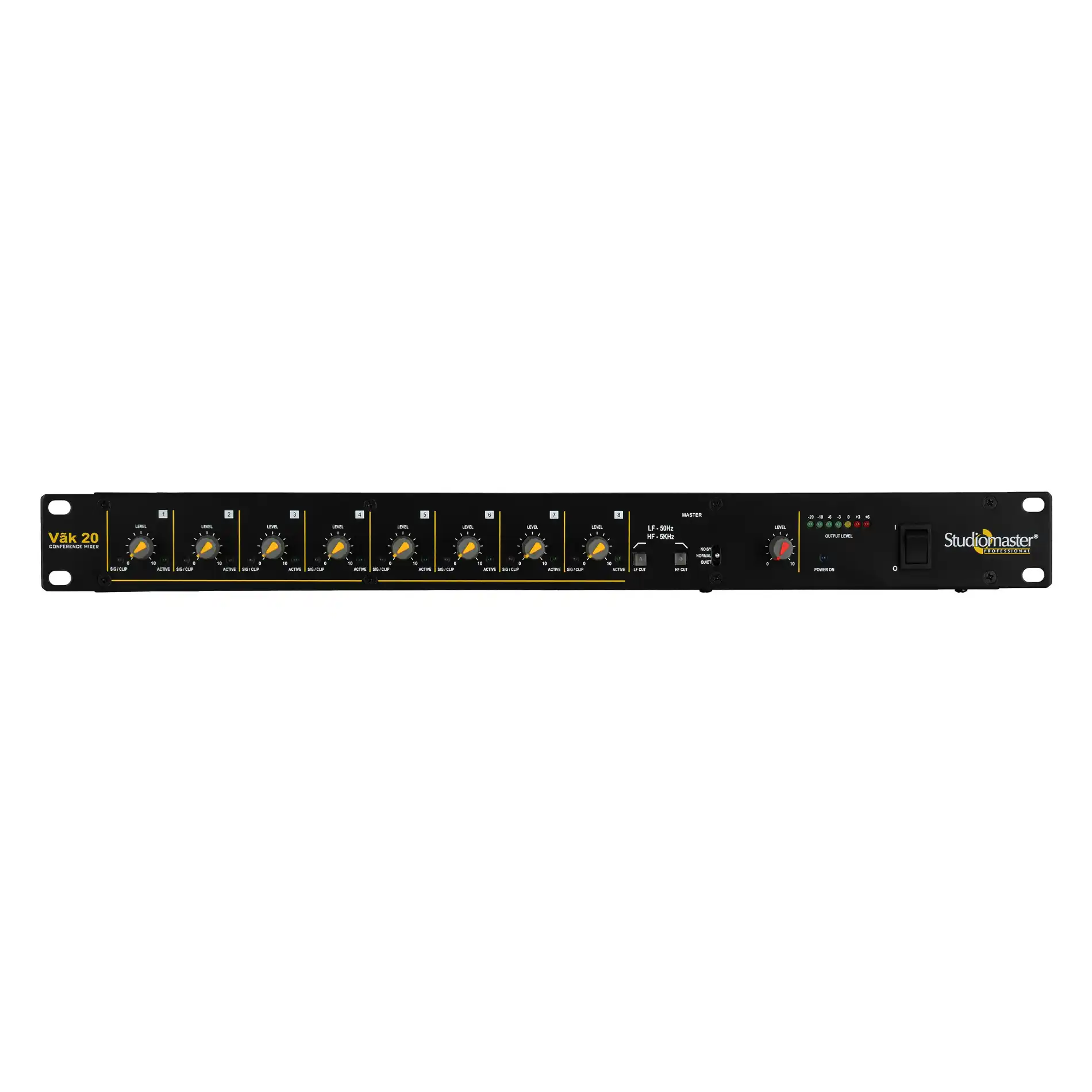 Studiomaster Vāk 20 8-channel automatic conference mixer featuring front panel level controls, LED bar-graph meters, and 1U rack-mount design.