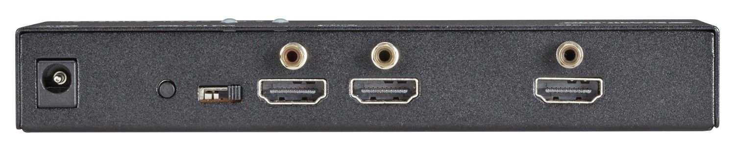 Black Box VSP-HDMI1X2-4K 4K HDMI Splitter, front view. Shows one HDMI input port and two HDMI output ports & a power port