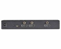 Black Box VSP-HDMI1X2-4K 4K HDMI Splitter, front view. Shows one HDMI input port and two HDMI output ports & a power port