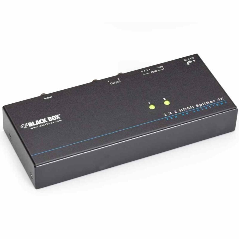 Black Box VSP-HDMI1X2-4K: 4K HDMI Splitter, side view. Shows 2 LED indicators