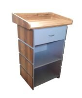 Back view of Laminated Wooden Podium Stand with broad top & 3 shelves for storage