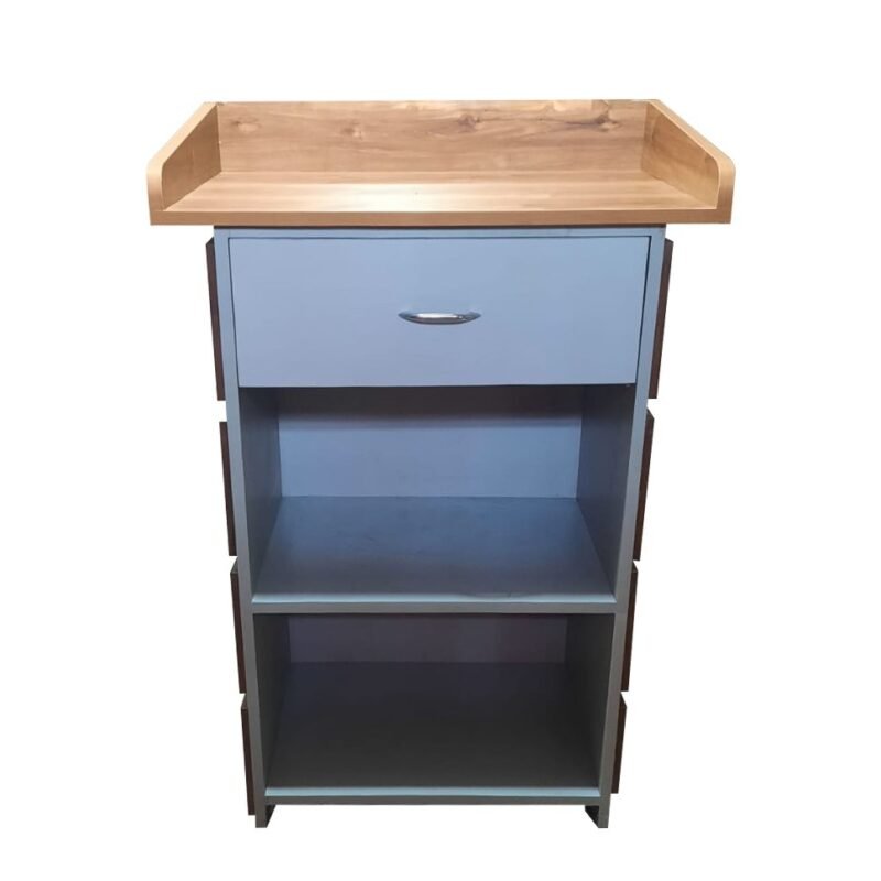 Back view of Laminated Wooden Podium Stand with broad top & 3 shelves for storage