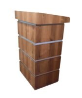 Side view of Laminated Wooden Podium Stand with broad top & 3 shelves for storage