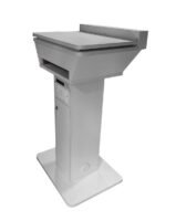 side view of Stylish White Laminated Digital Wooden Podium with sliding top