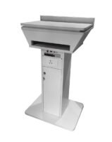 back view of Stylish White Laminated Digital Wooden Podium with sliding top