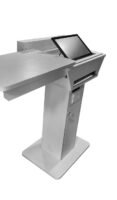 Side view of Stylish White Laminated Digital Wooden Podium with sliding top showing uplifted touch screen