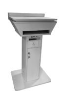 back view of Stylish White Laminated Digital Wooden Podium with sliding top