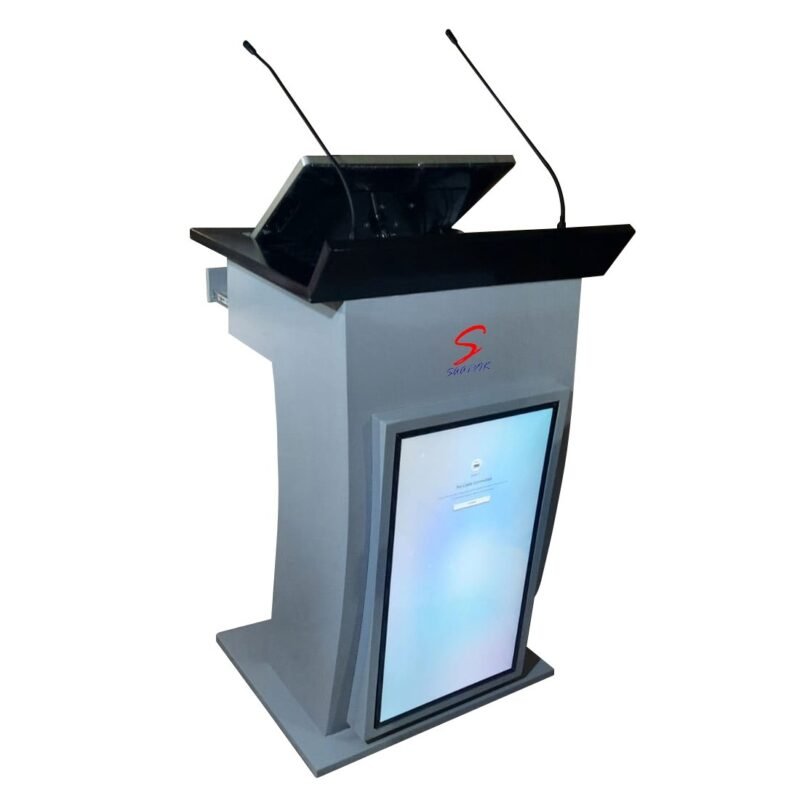 Digital Display Podium Stand (SIL-521) with Inbuilt 21.5" Multi touch screen monitor with Motorized tilting facility, CPU, 32" Commercial Digital signage monitor on front side AV Connectivity, 2 Gooseneck Microphones Supporting Cables and connectors.